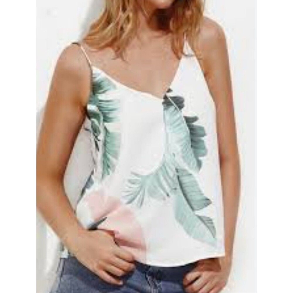 Shein V-neck Camisole, Spaghetti Straps, Cream W Pink & Green Leaves, M